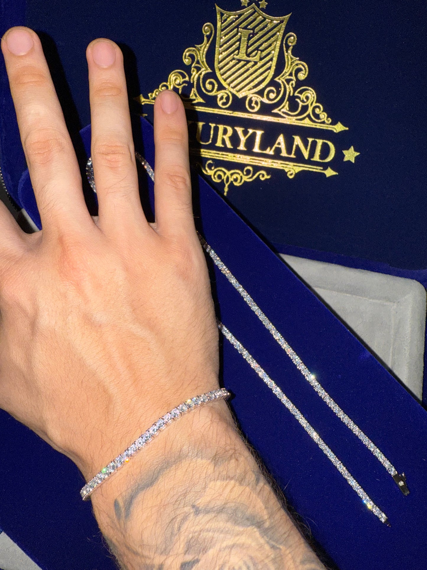 Conjunto tennis Cadena y brazalete, cristales circonita cubica (CZ), laminado en oro blanco 18k