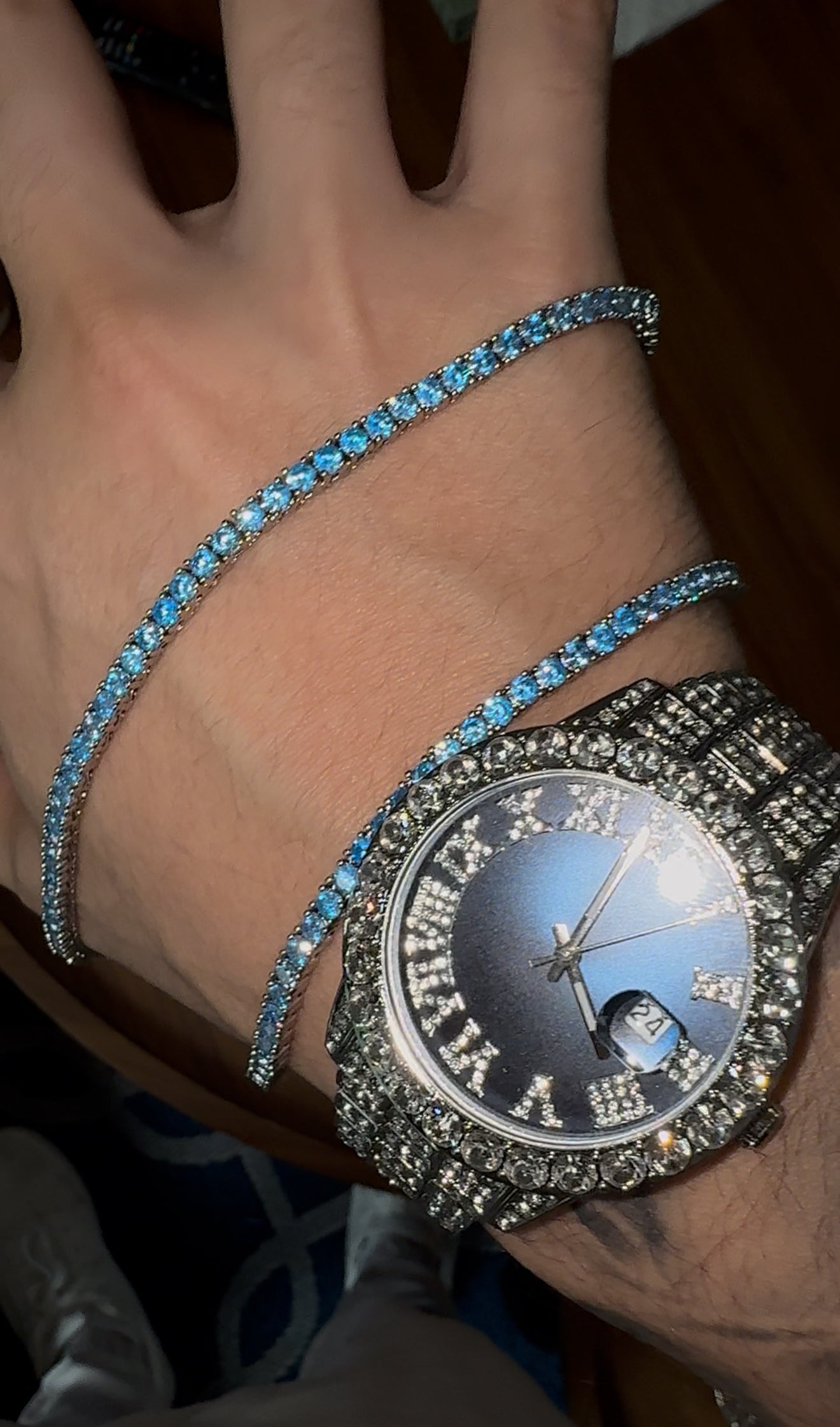 COMBO cadena tennis 3mm blue x reloj blue x white gold