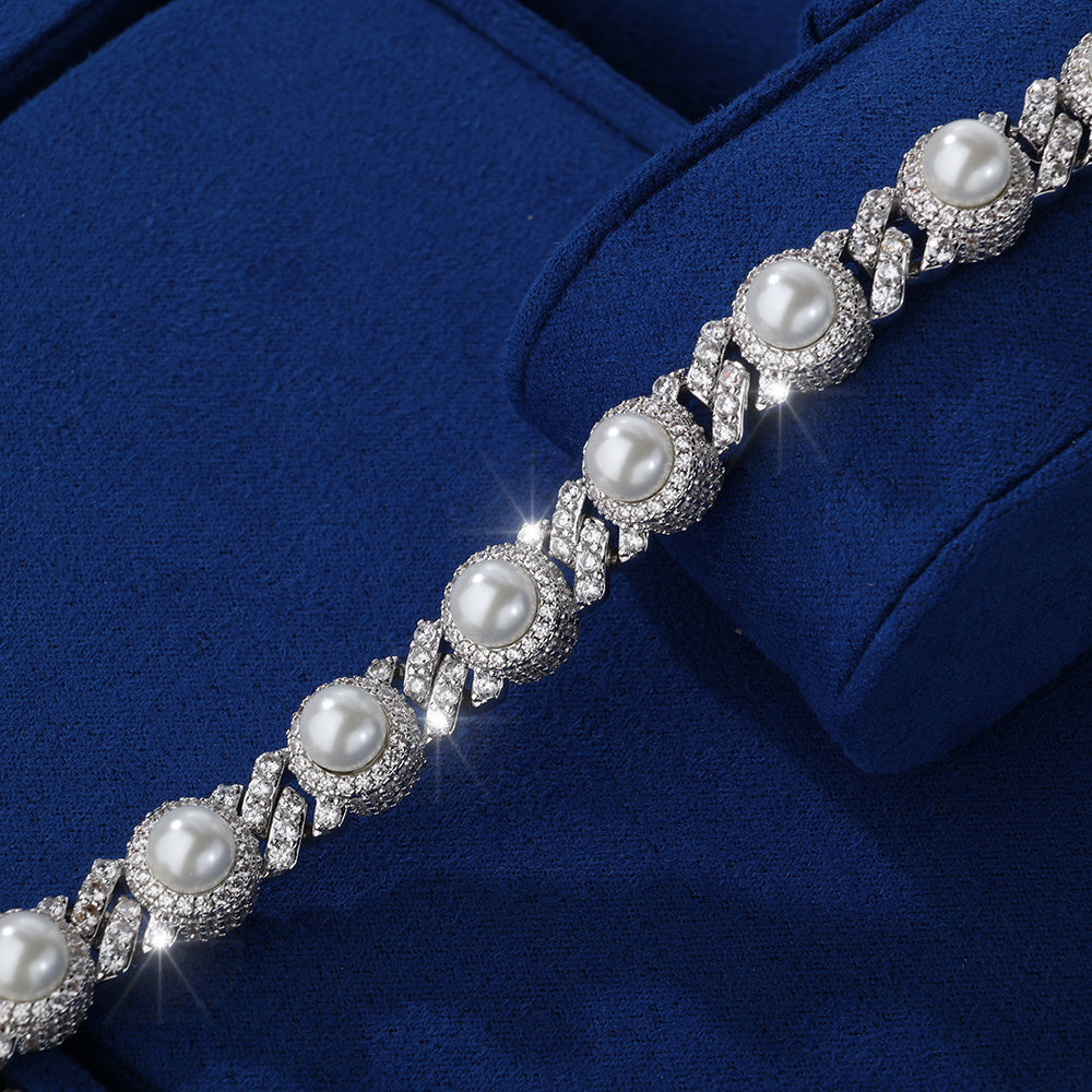 Cadena Miami cuban whitegold plated con perlas naturales incrustadas 2025