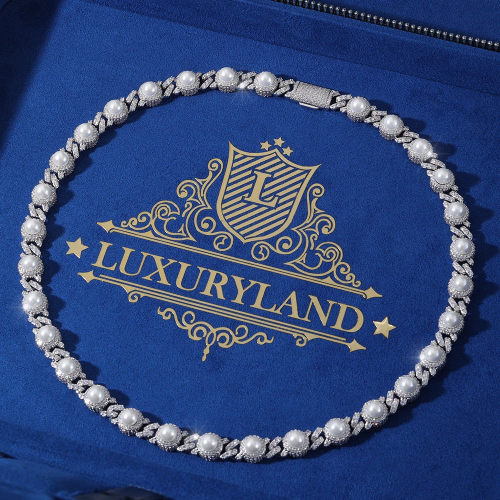 Cadena Miami cuban whitegold plated con perlas naturales incrustadas 2025