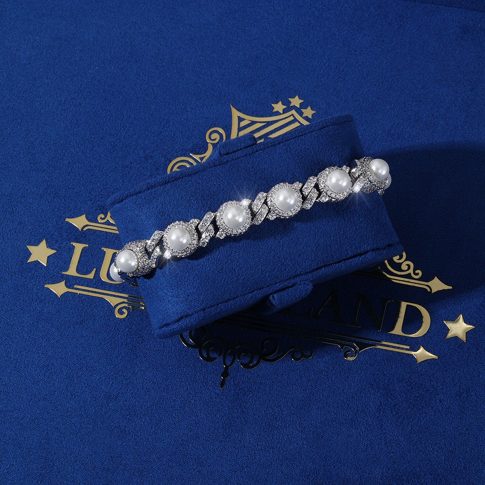 Brazalete cubano link whitegold plated con perlas naturales incrustadas 2025