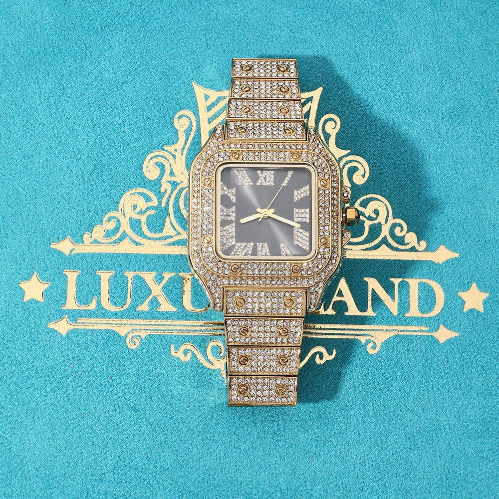 Square CRTR type reloj golden & black full ice 2025