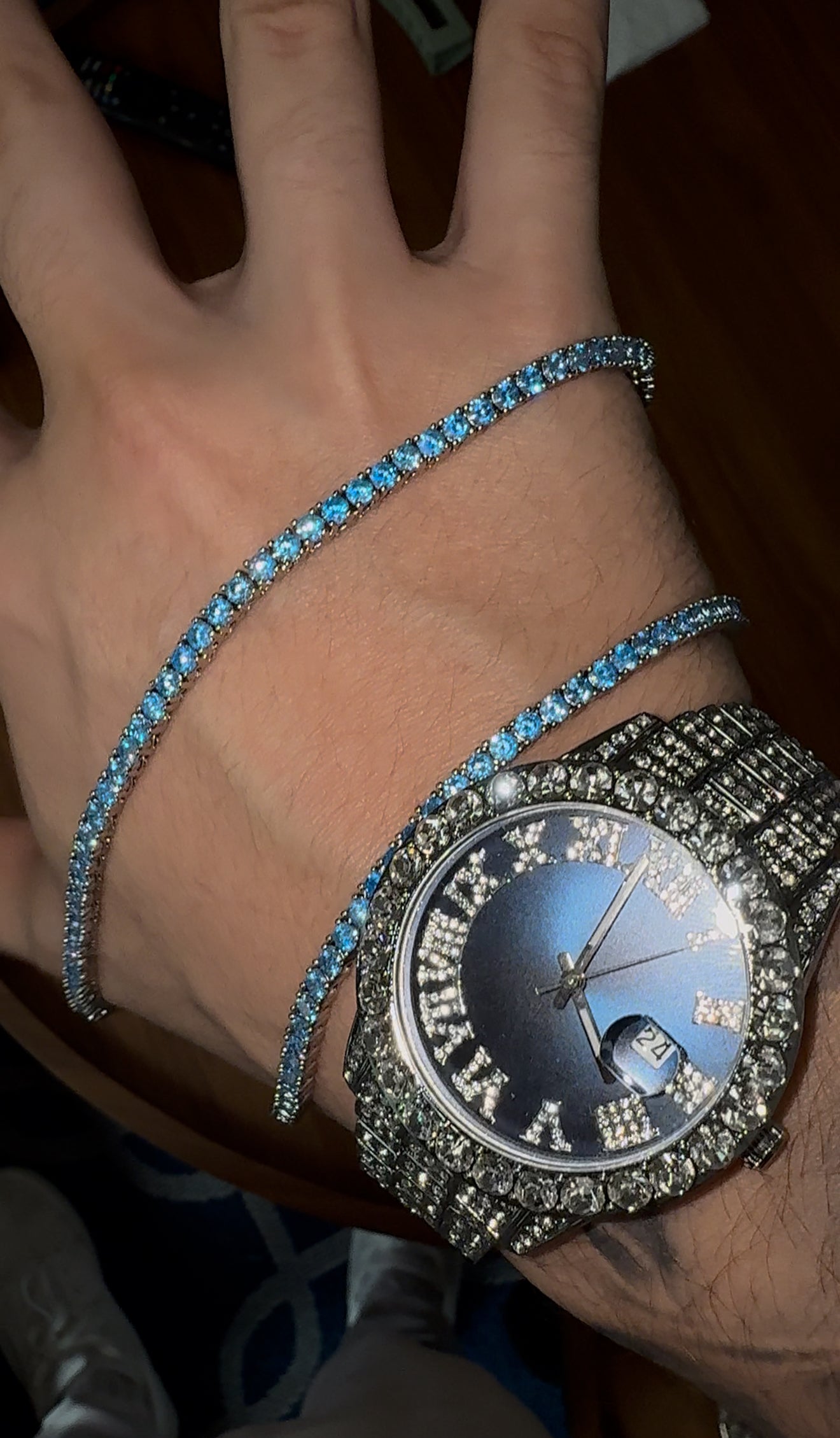 COMBO cadena tennis 3mm blue x reloj blue x white gold