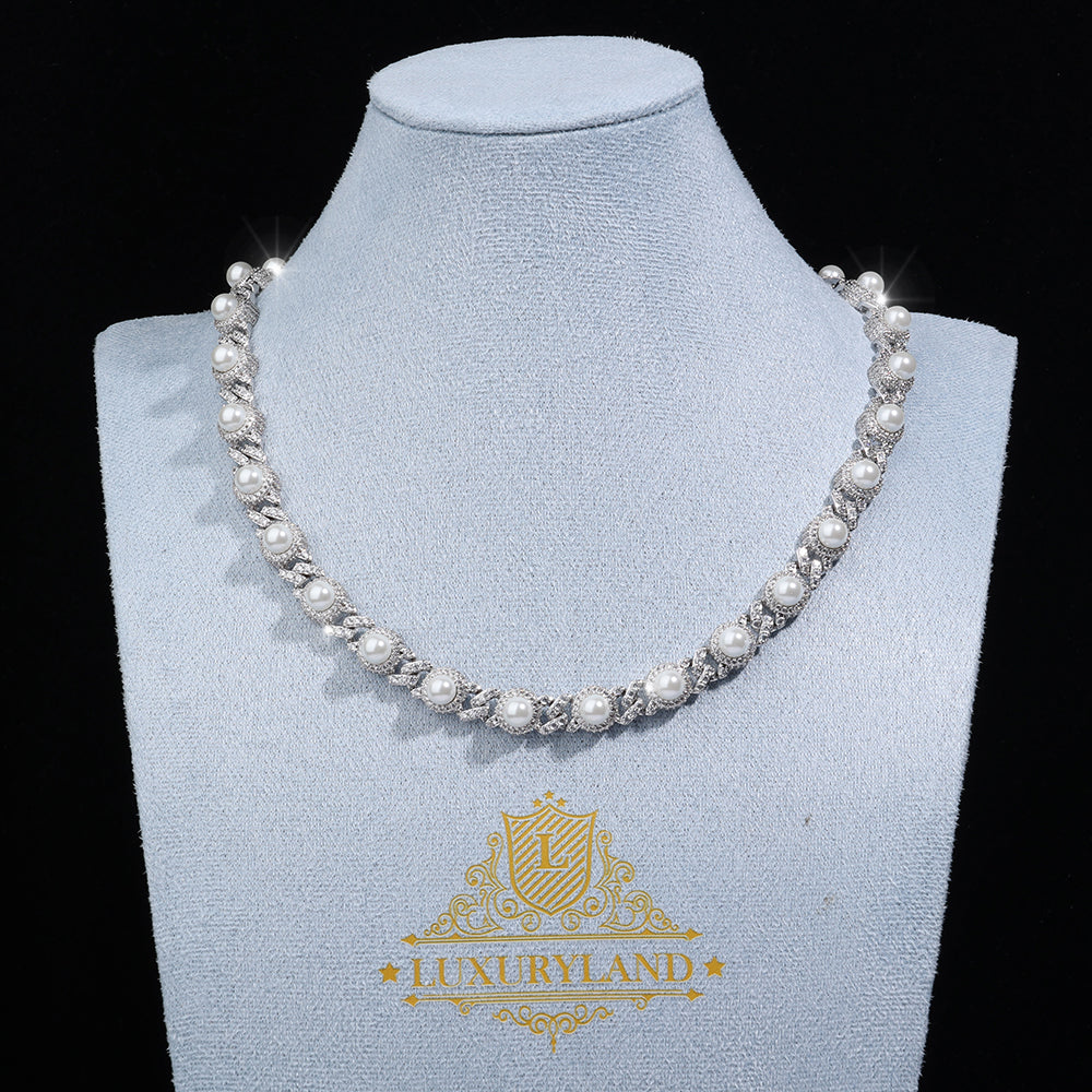 Cadena Miami cuban whitegold plated con perlas naturales incrustadas 2025