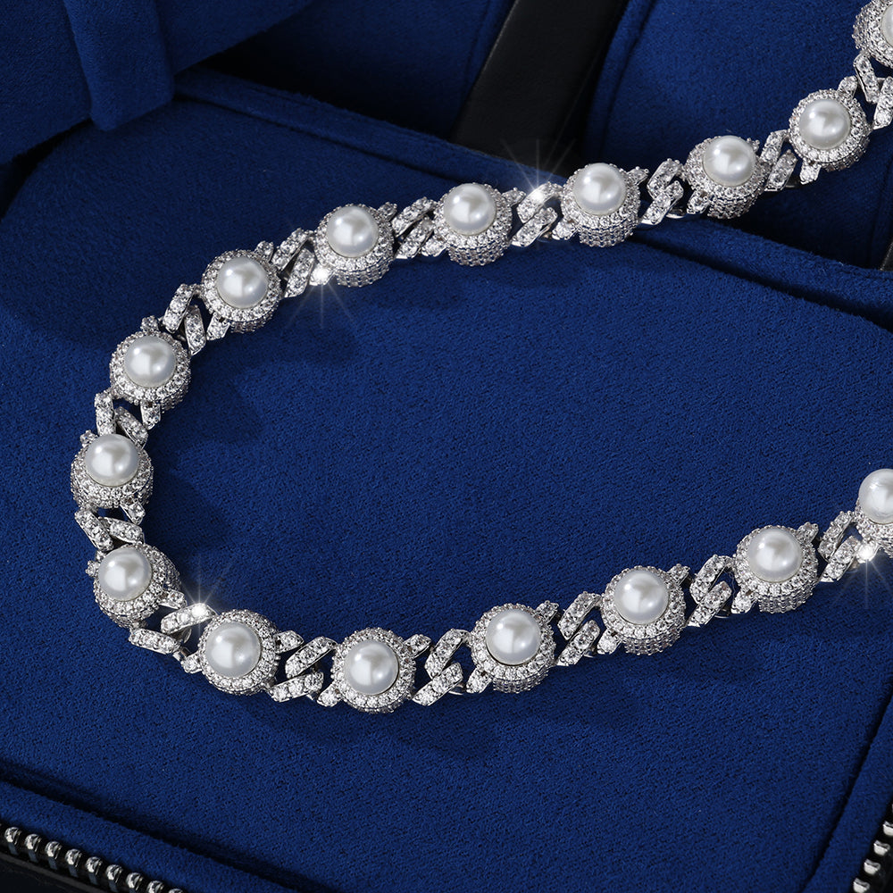 Cadena Miami cuban whitegold plated con perlas naturales incrustadas 2025