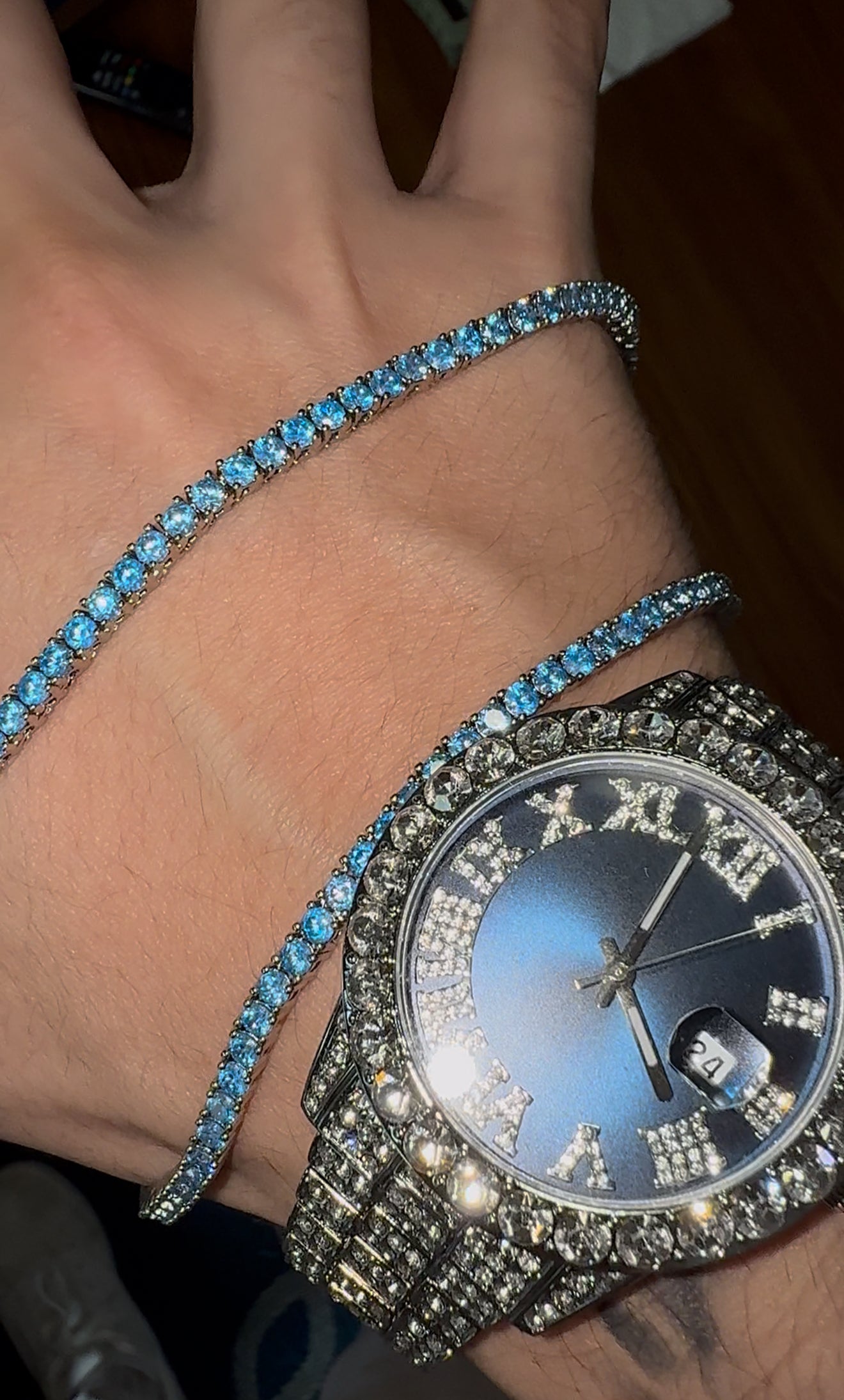 COMBO cadena tennis 3mm blue x reloj blue x white gold