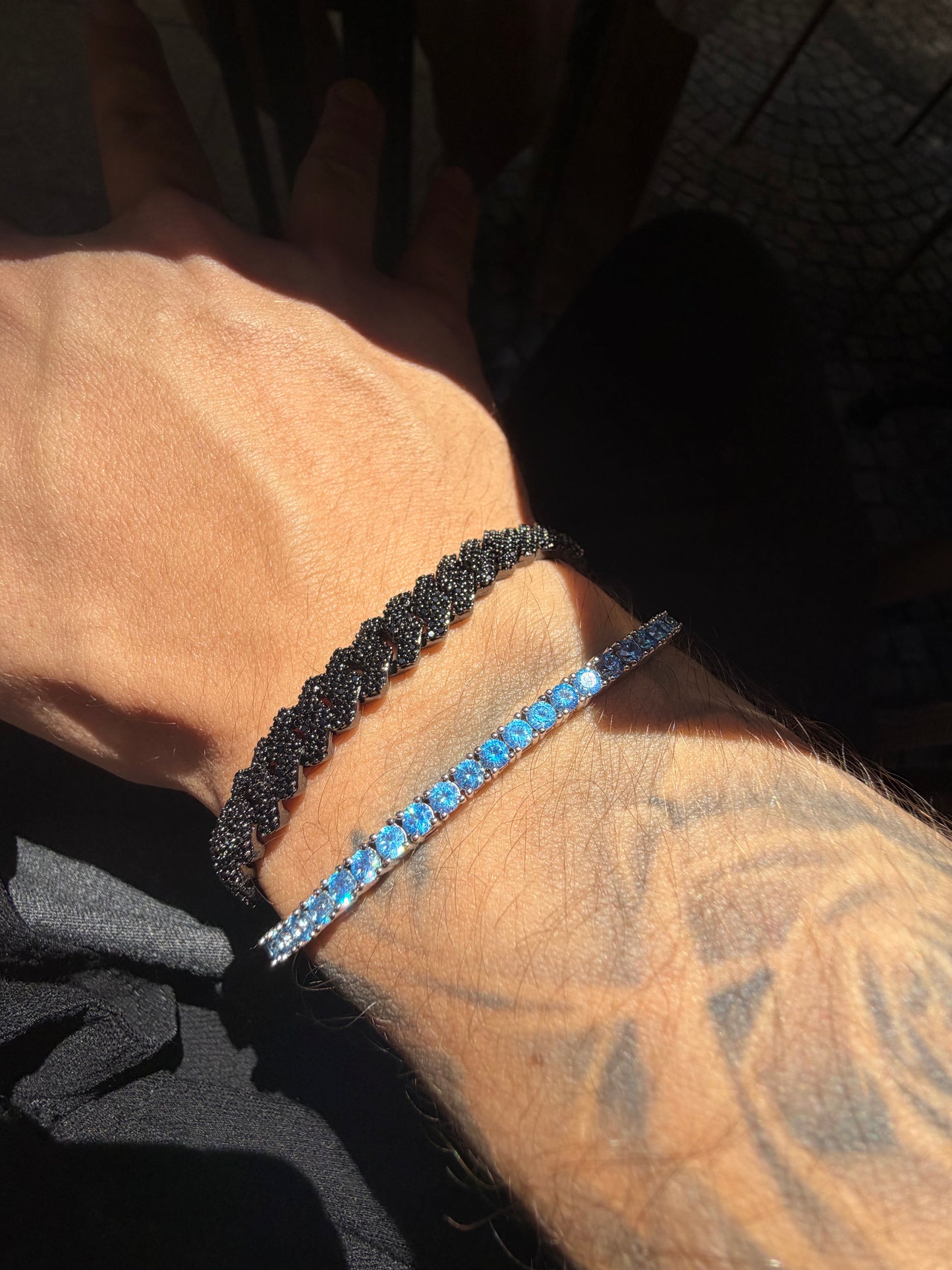 Combo dúo brazalete tennis Blue 5 mm y cuban prong 8 mm (copia)