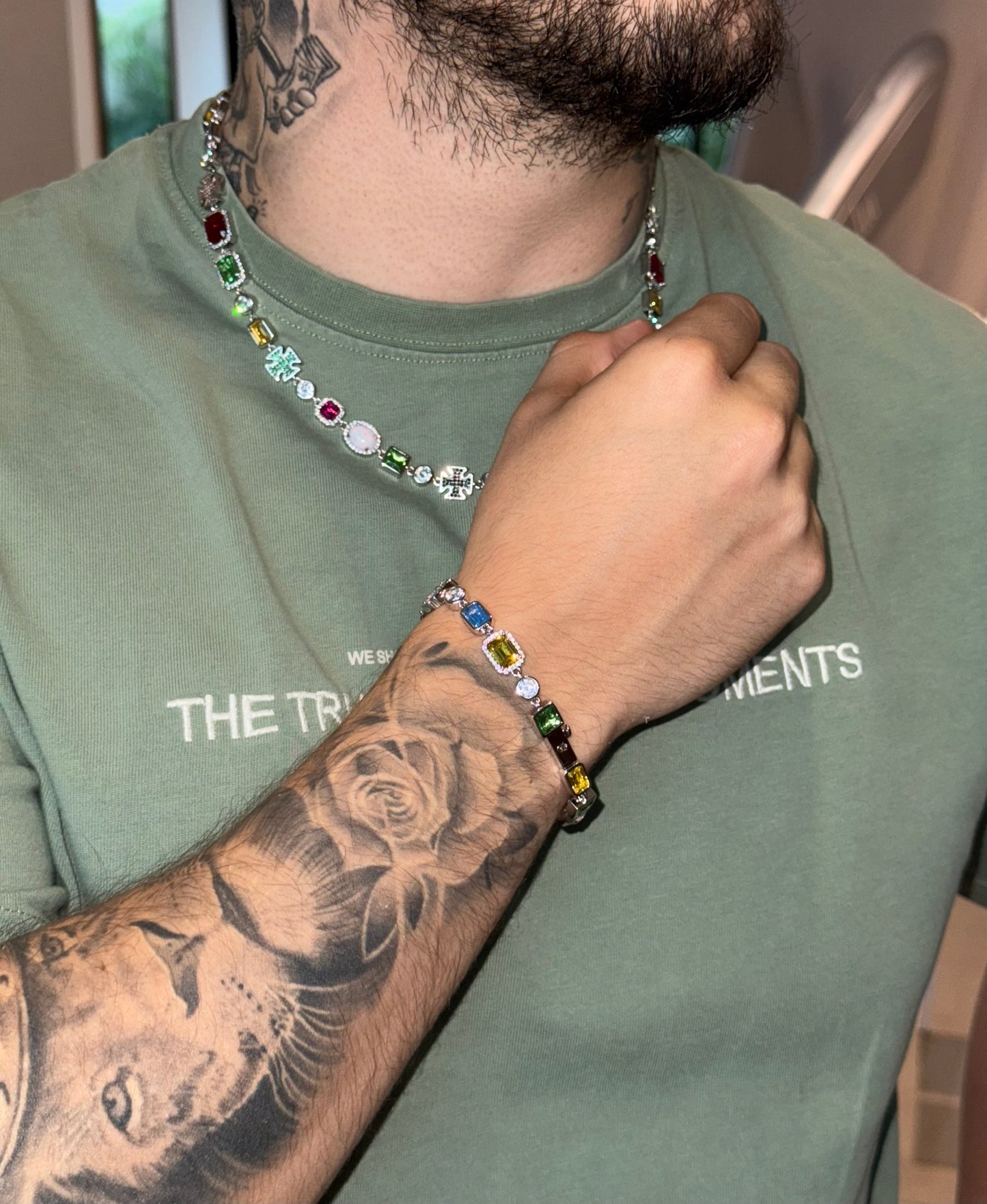Conjunto multi-gemas con opalo Cadena y brazalete laminado en oro de 18 k ( 22 micras)