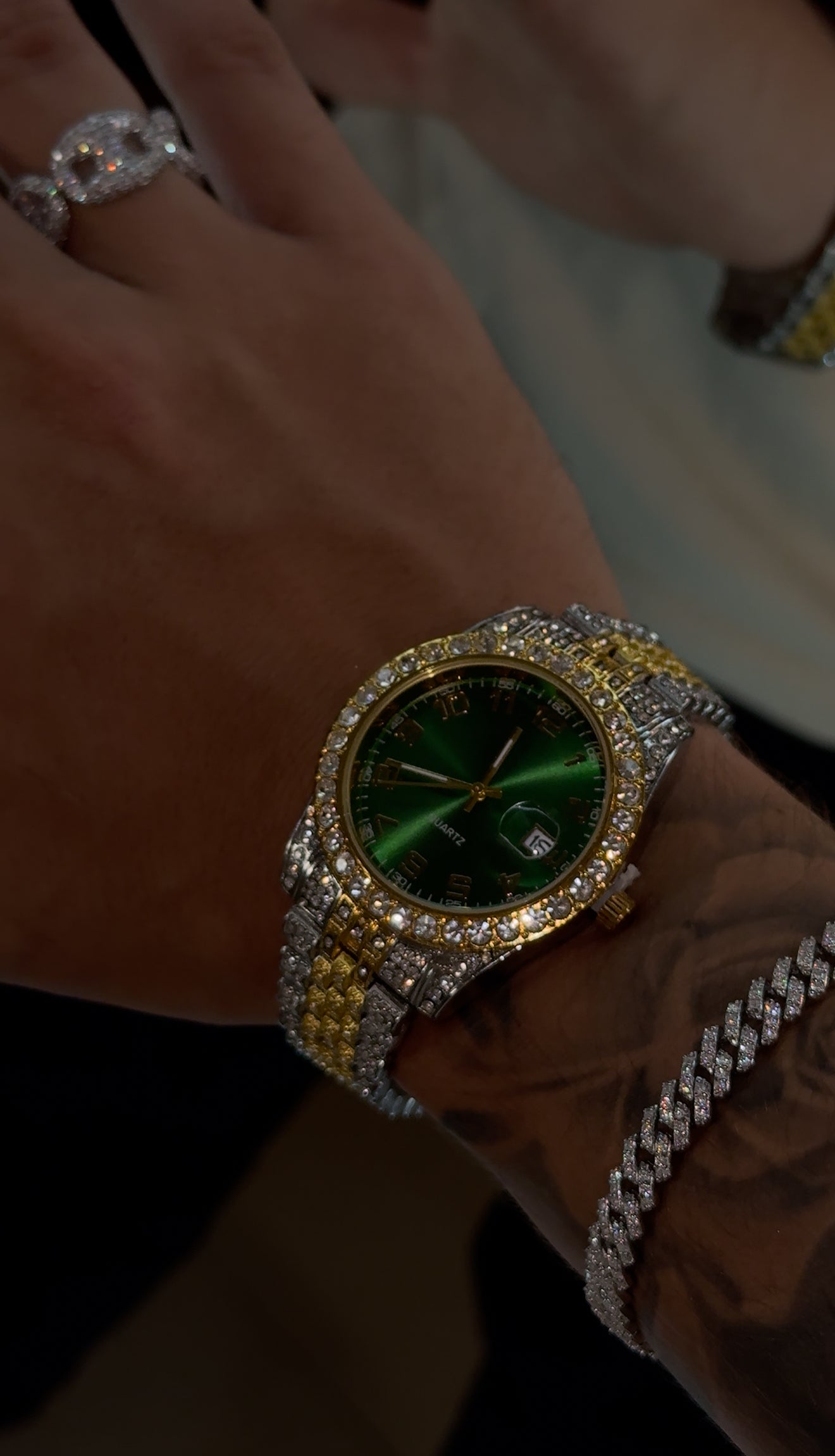 COMBO brazalete cuban link 7mm + reloj green x full iced + anillo GCC white gold