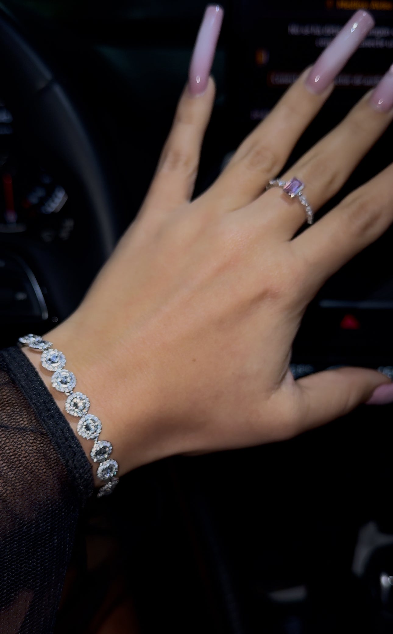 Combo de brazalete circonita cubica (CZ) circle tennis + anillo lila square rope
