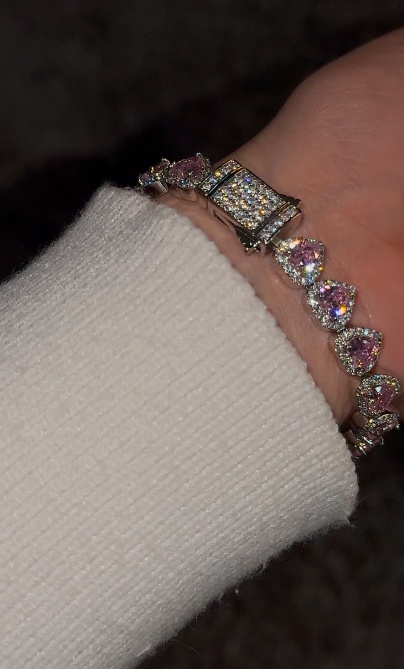 Brazalete de corazones pink heart white gold 18k plated full iced