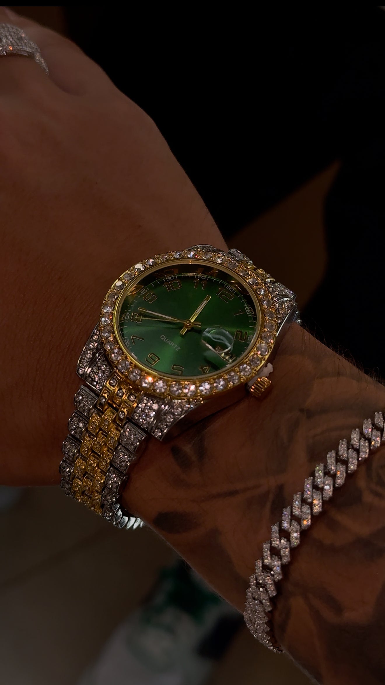 COMBO brazalete cuban link 7mm + reloj green x full iced + anillo GCC white gold