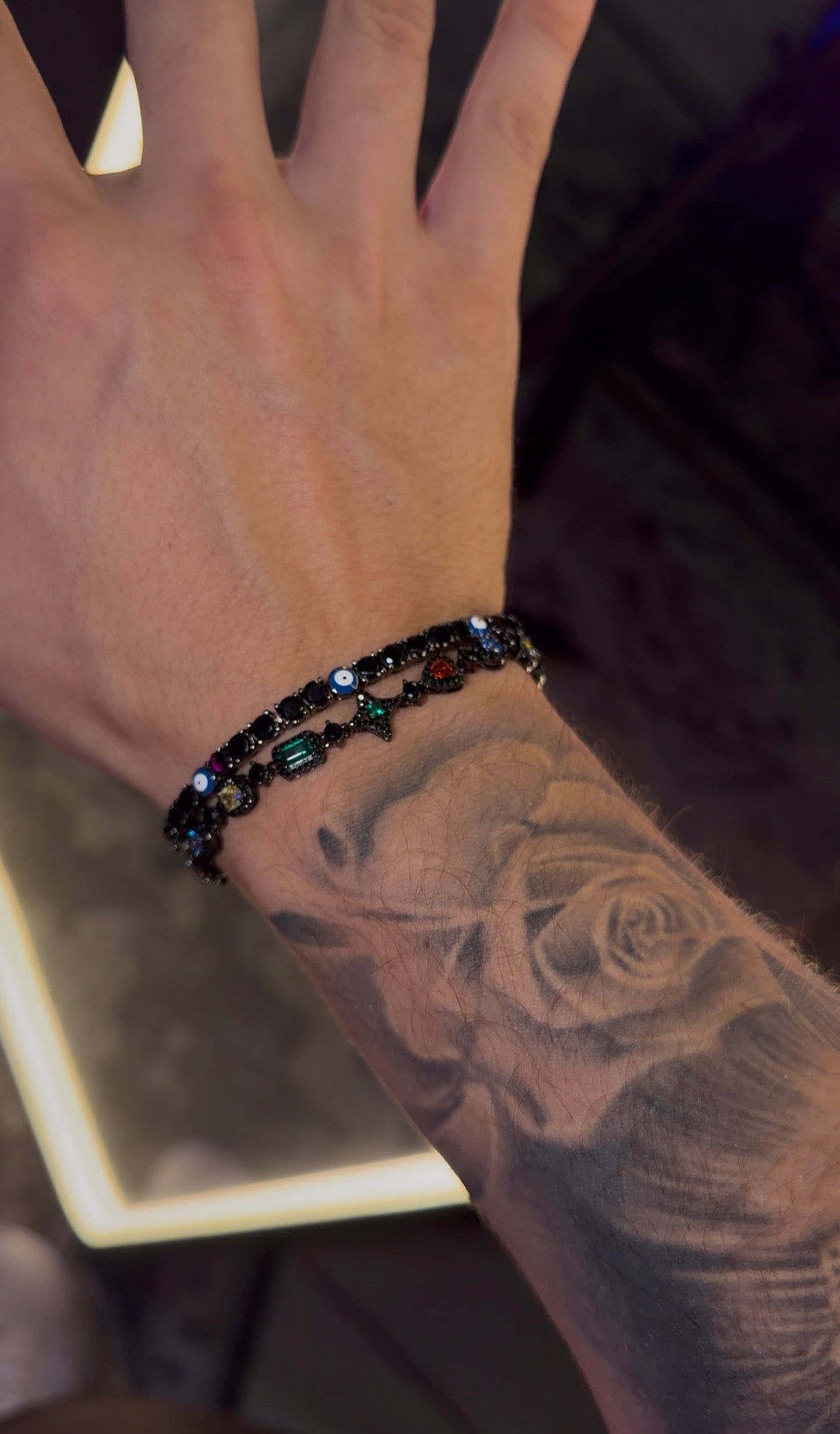 Combo black gemstone & brazalete tennis ojo turco 4 mm full black.