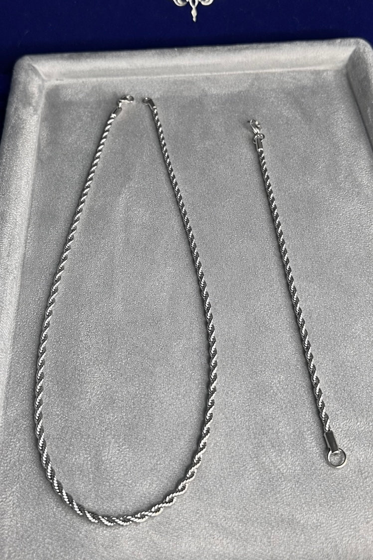 Conjunto cadena y brazalete torzal 3mm laminado oro blanco de 18k