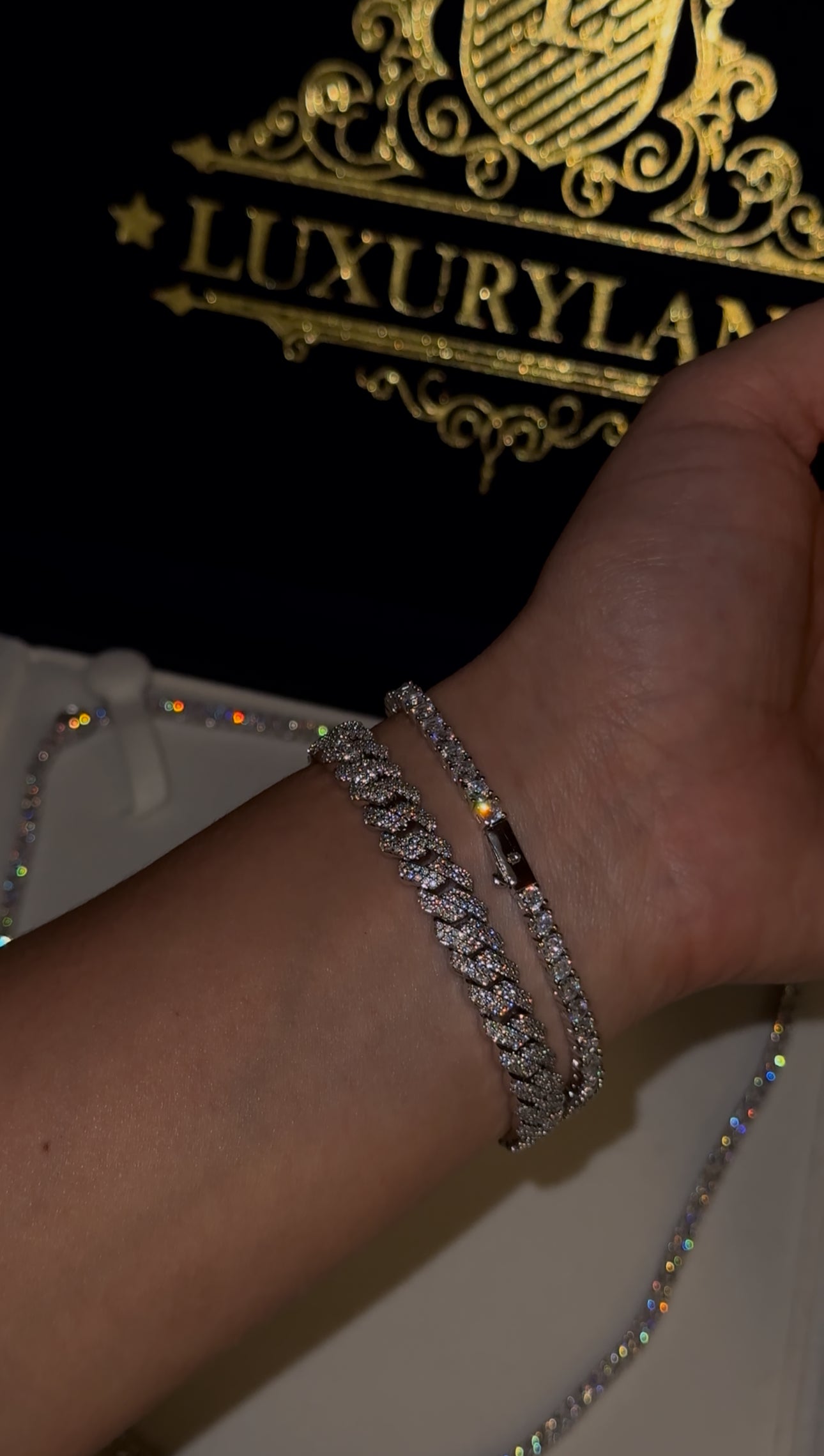 COMBO brazalete tennis 3mm + brazalete cuban link 8mm white gold