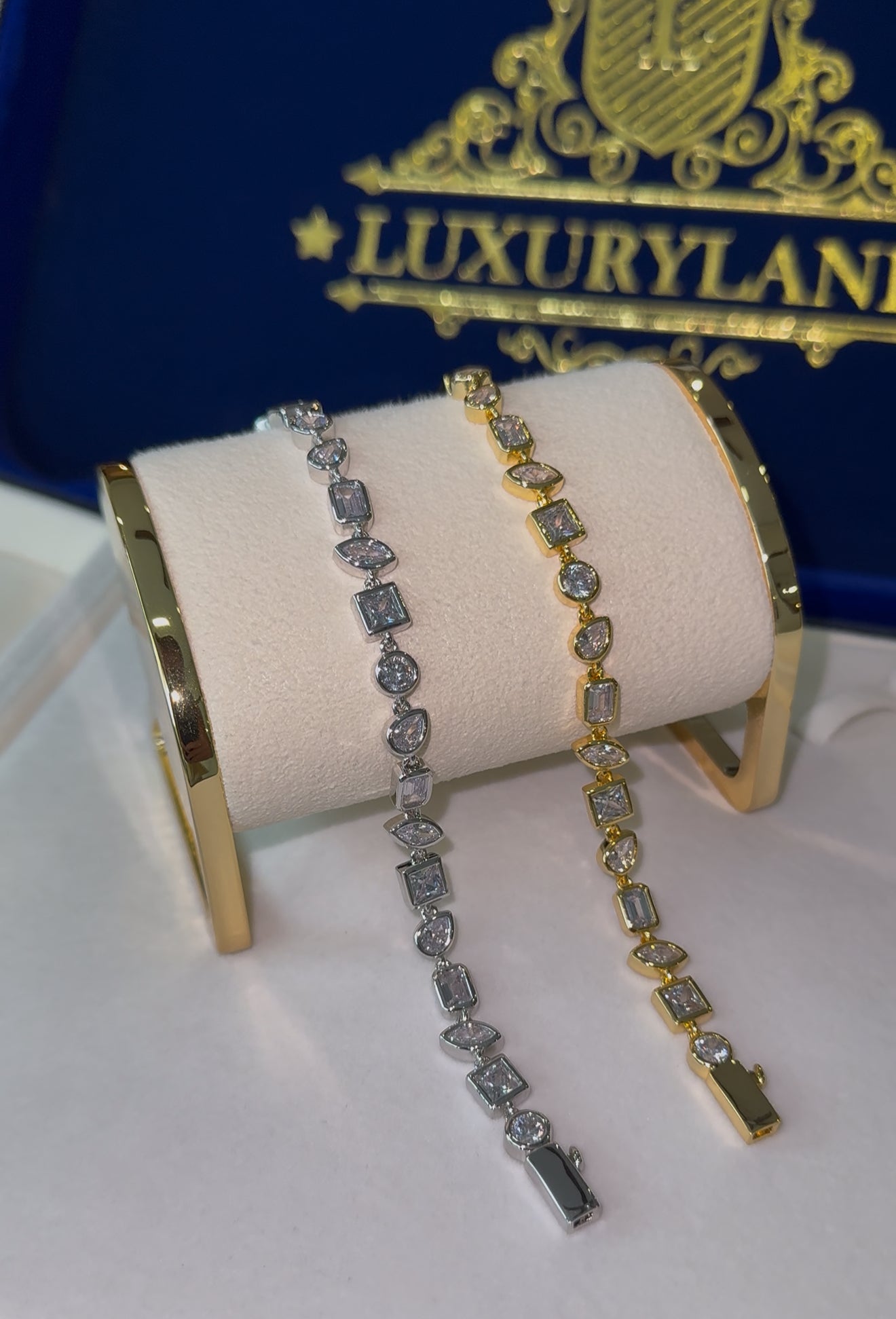 Combo de brazaletes multi stone full iced golden x whitegold