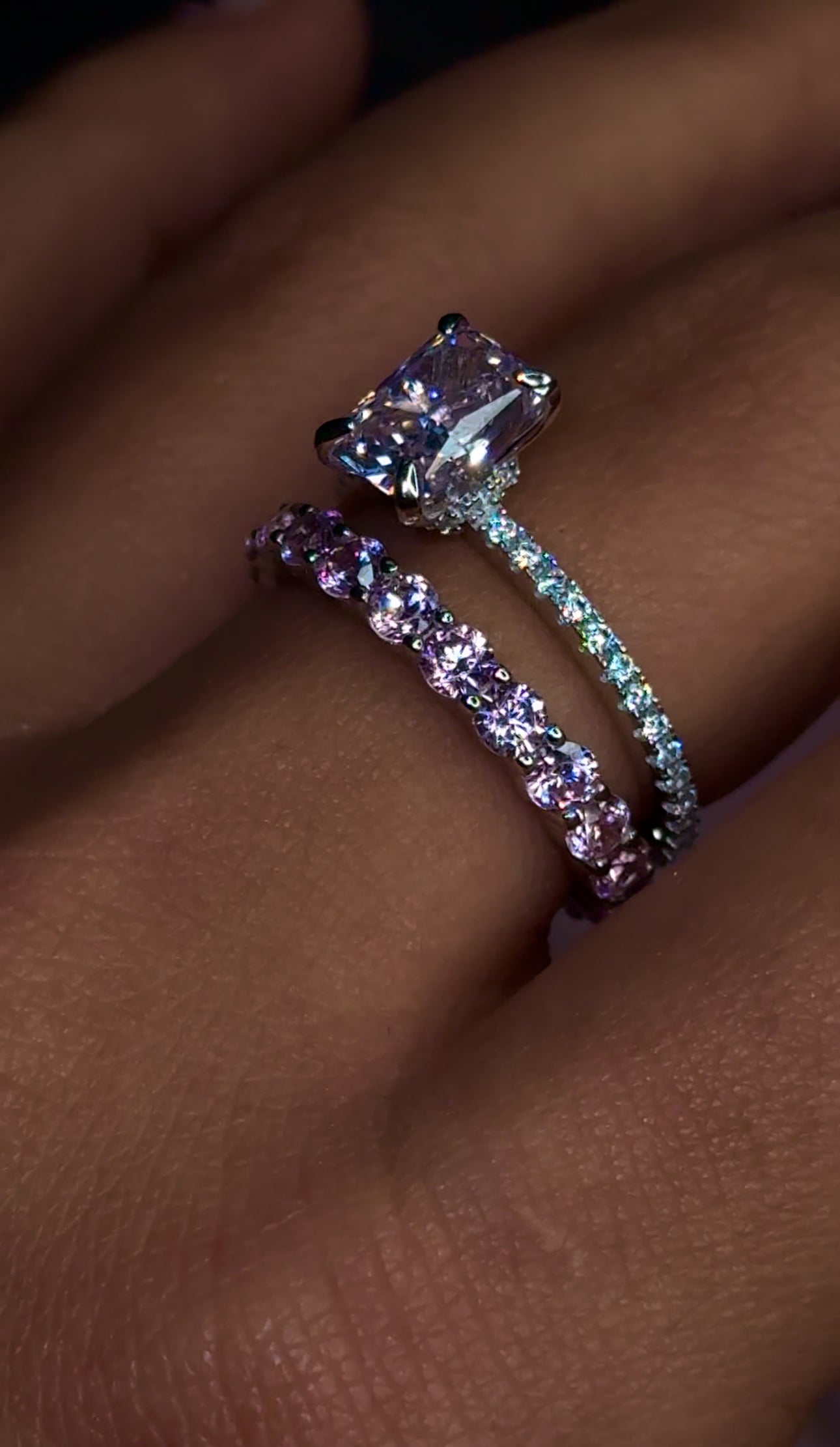 Combo de anillo tennis mini Pink x anillo square stone Pink|white gold. Plata 925 con incrustaciones de cristal circonita cubica (CZ)