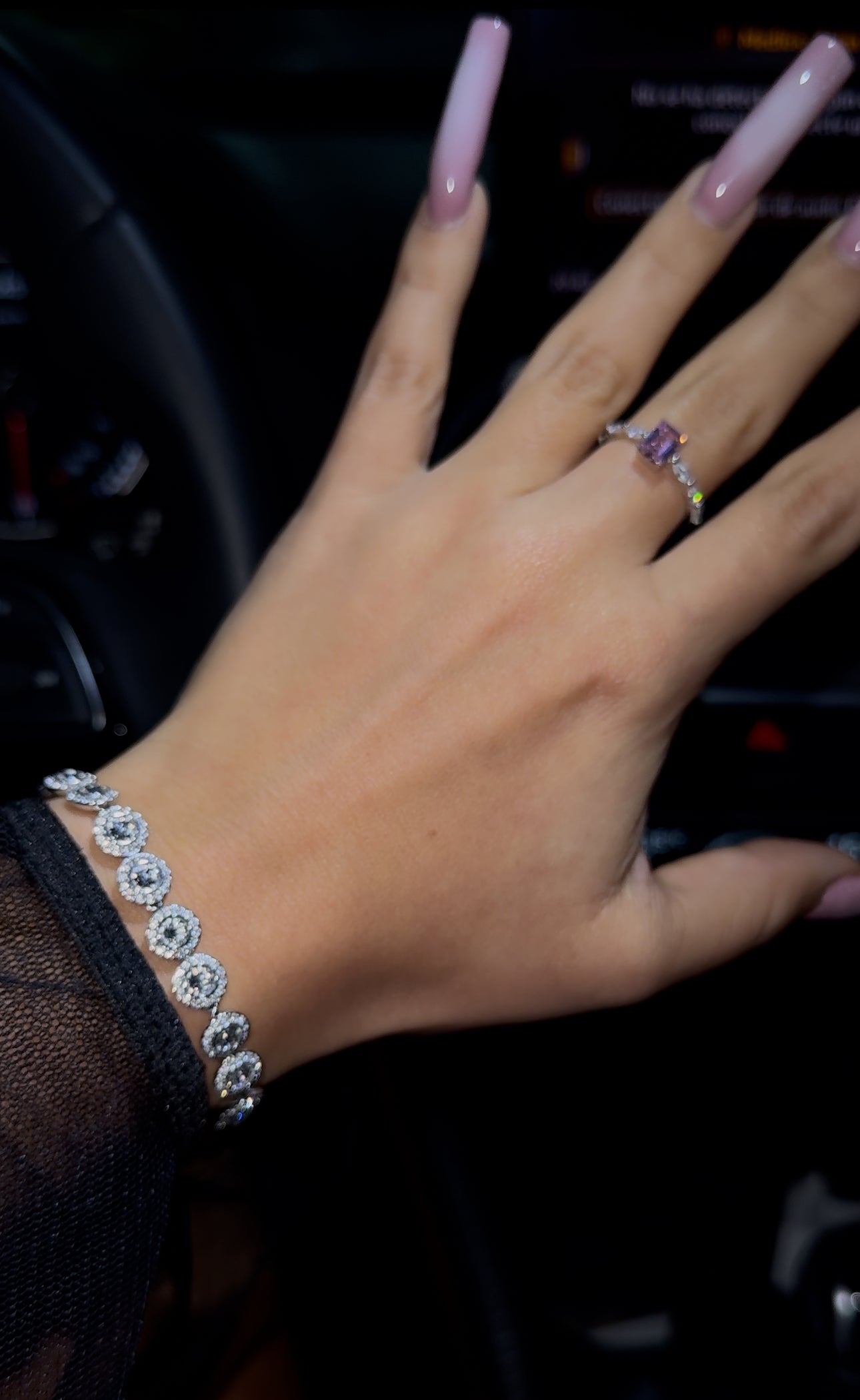 Combo de brazalete circonita cubica (CZ) circle tennis + anillo lila square rope