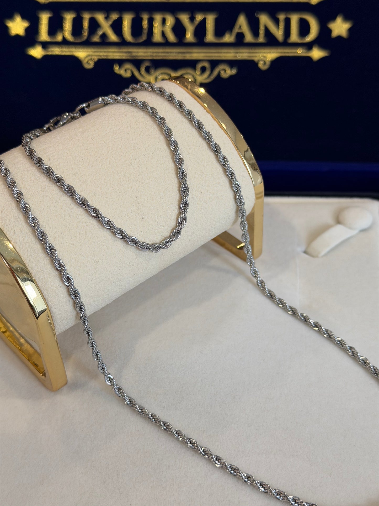 Conjunto cadena y brazalete torzal 3mm laminado oro blanco de 18k