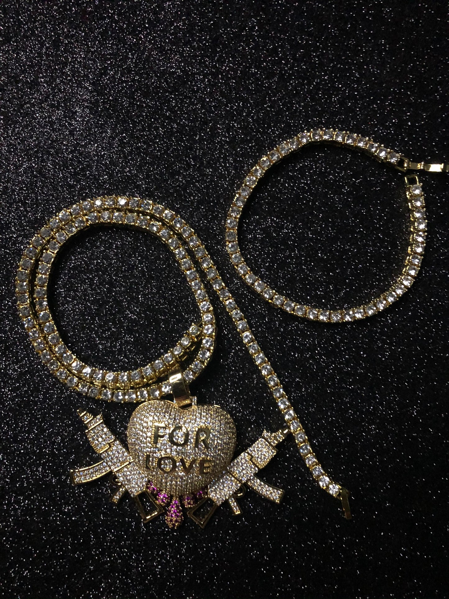 Conjunto cadena y brazalete tennis con dije de corazon "for love"