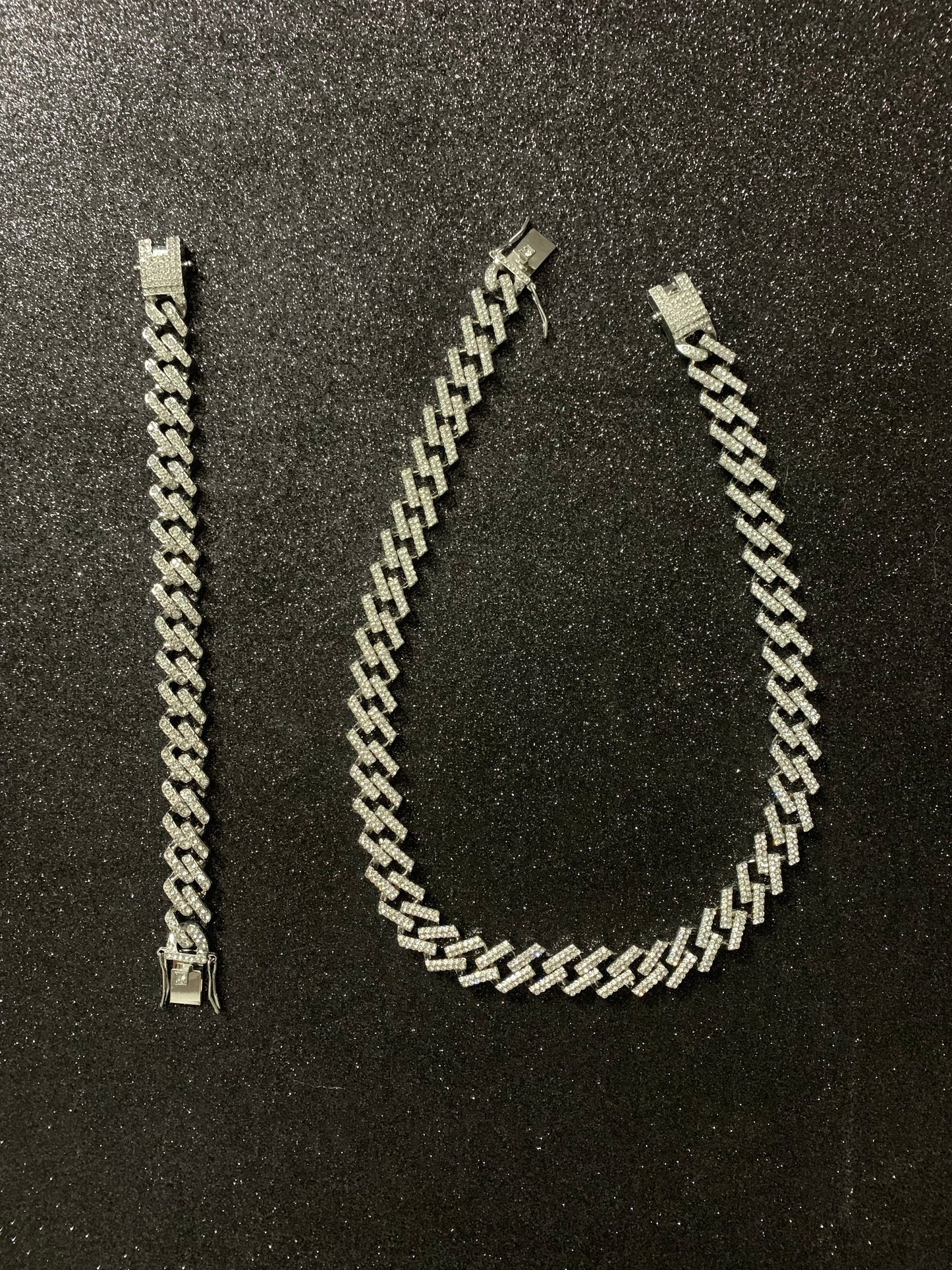 Conjunto brazalete y Cadena 1.4 cm corte cubano cuadrado laminados en 18k oro blanco (4 micras)