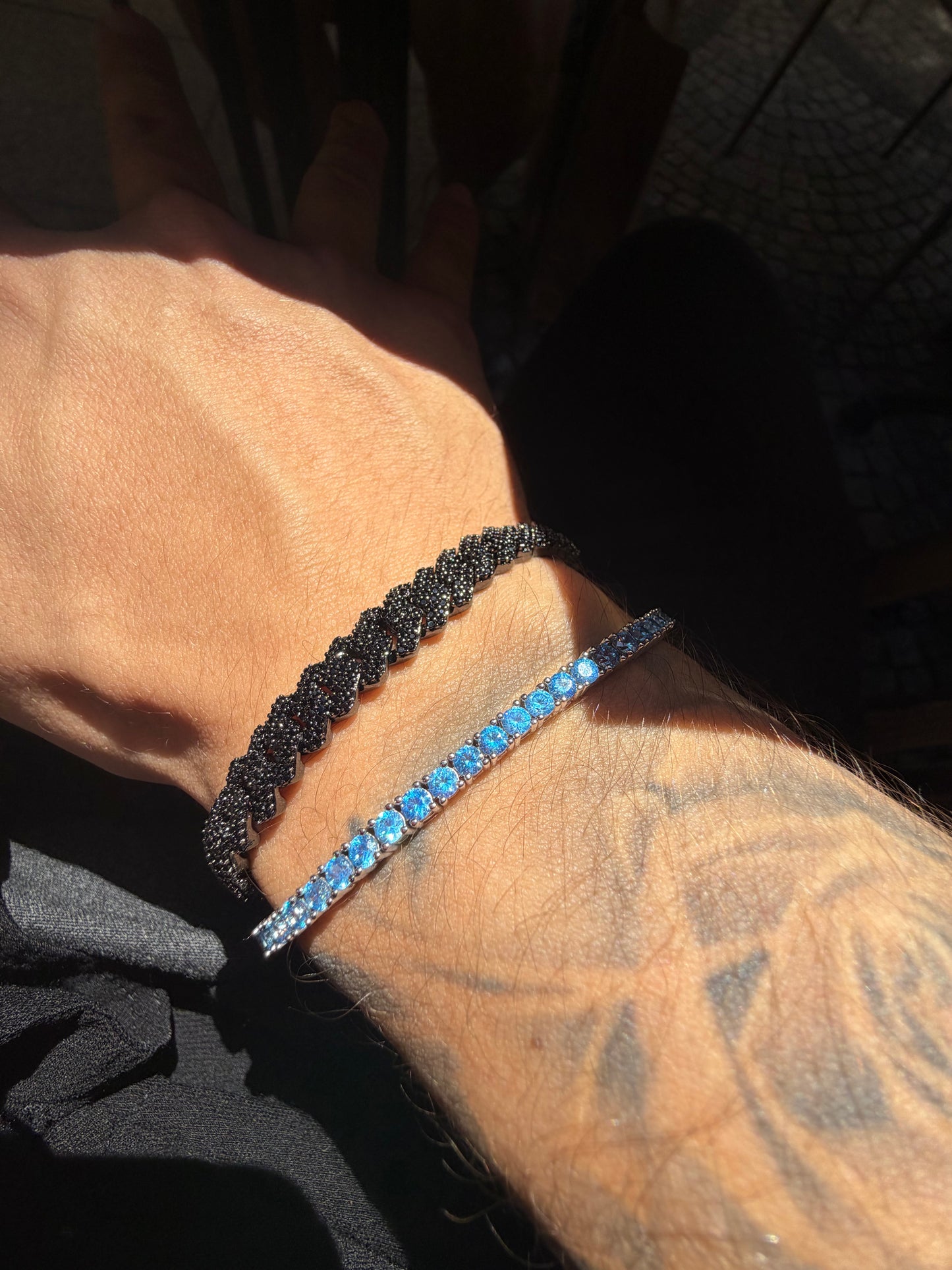 Combo dúo brazalete tennis Blue  5 mm y cuban prong 8 mm (copia)