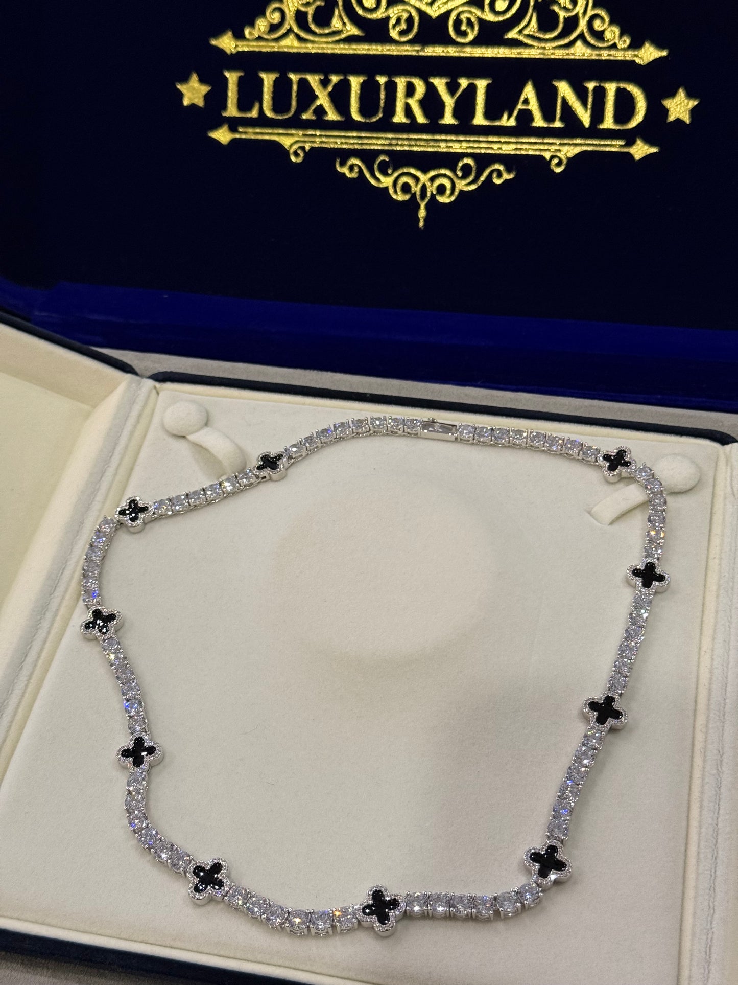 Combo cadena tennis 5mm VC white gold x black + Cadena torzal rope 6mm full black con incrustaciones