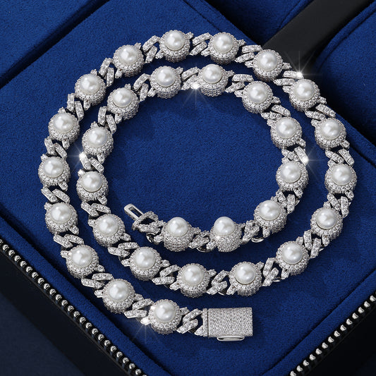 Cadena Miami cuban whitegold plated con perlas naturales incrustadas 2025