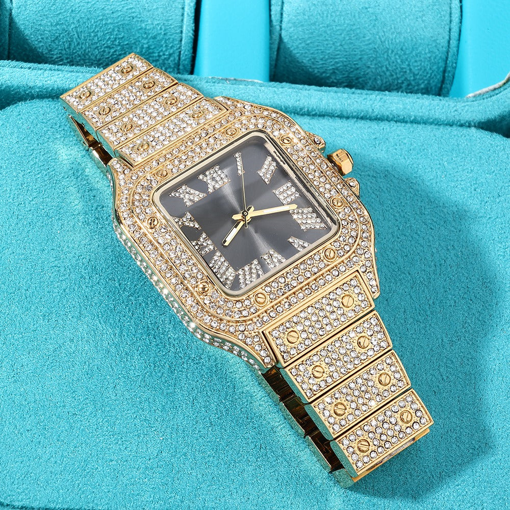 Square CRTR type reloj golden & black full ice 2025