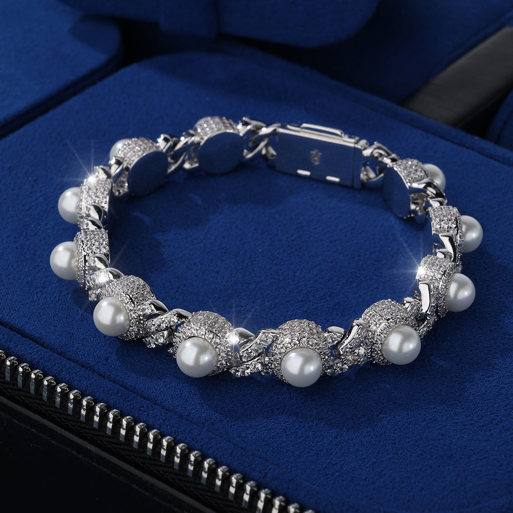 Brazalete cubano link whitegold plated con perlas naturales incrustadas 2025
