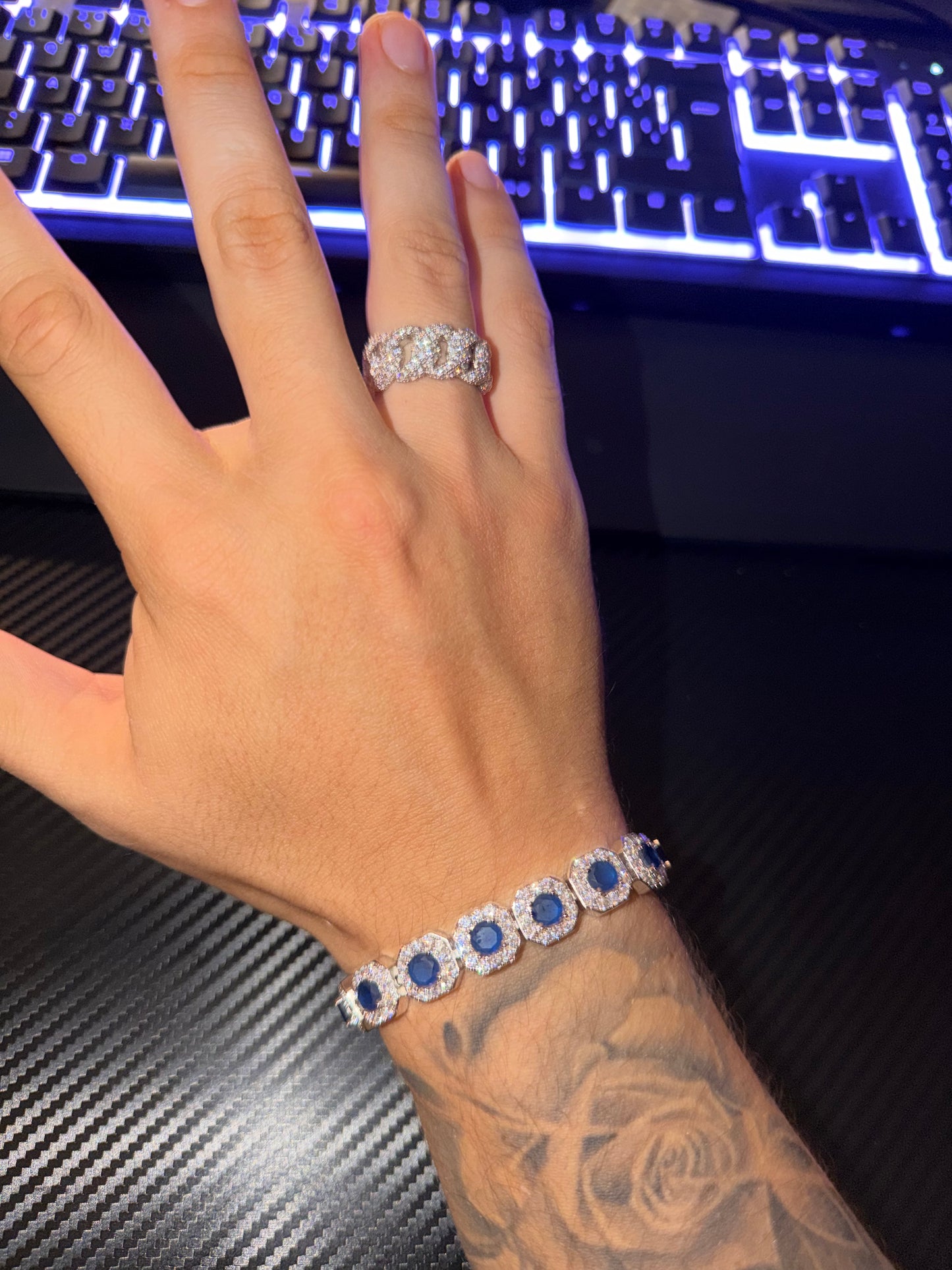 Combo brazalete cluster king Blue and whitegold y anillo cuban link 10 mm
