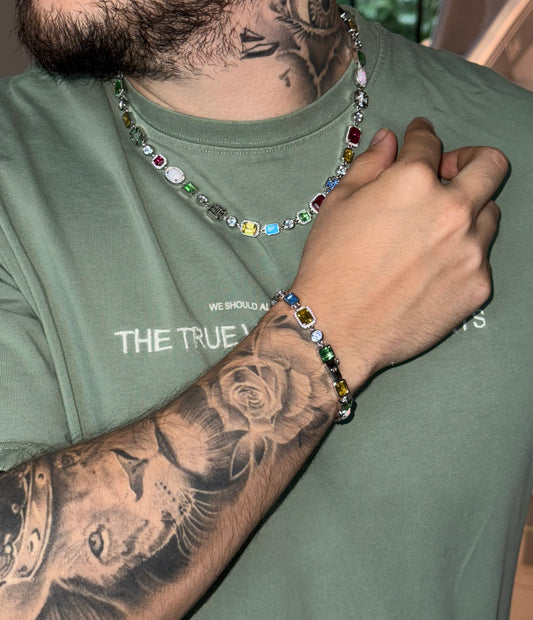 Conjunto multi-gemas con opalo Cadena y brazalete laminado en oro de 18 k ( 22  micras)