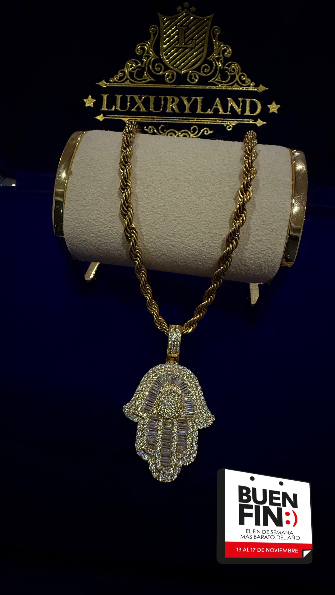 PROMO BUEN FIN Dije de mano de Fatima con torzal 5 mm oro laminado 18k, (22 micras) de regalo