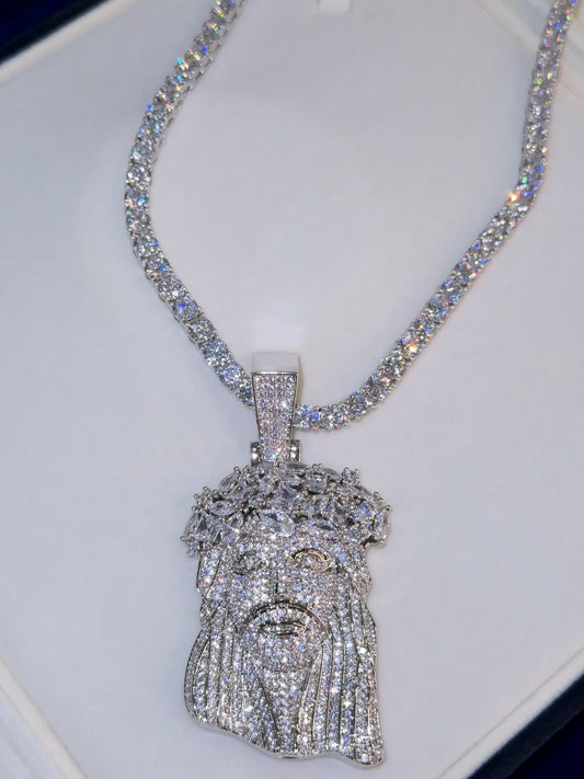 Dije de Cristo 3D baguette iced con cadena tennis 5mm white gold