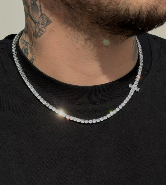 Cadena tennis 3mm con cruz integrada white gold plated 18k