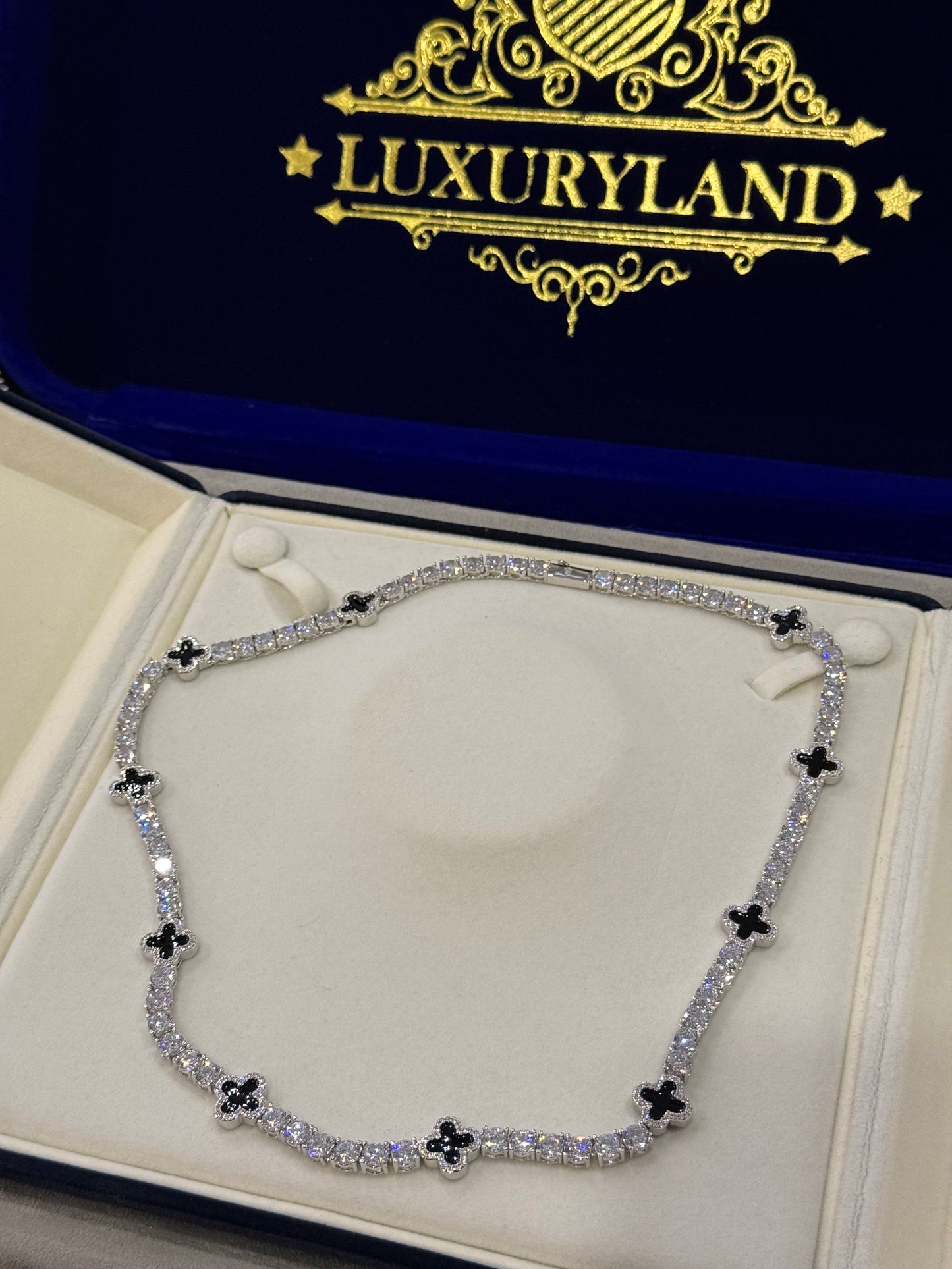 Combo cadena tennis 5mm VC white gold x black + Cadena torzal rope 6mm full black con incrustaciones