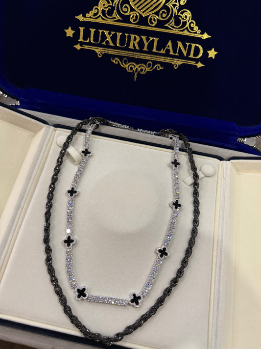Combo cadena tennis 5mm VC white gold x black + Cadena torzal rope 6mm full black con incrustaciones