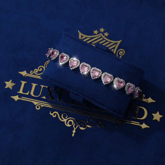 Brazalete de corazones pink heart white gold 18k plated full iced 2025