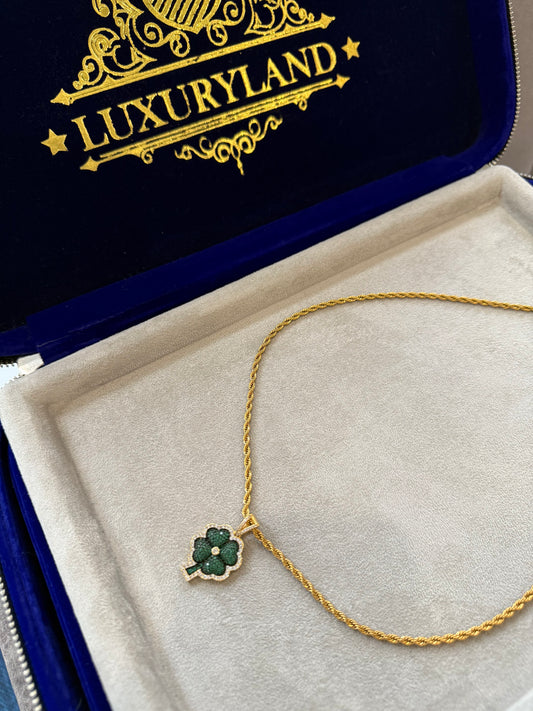 Dije de la suerte (trébol de cuatro hojas) con cadena torzal de 3 mm golden de regalo