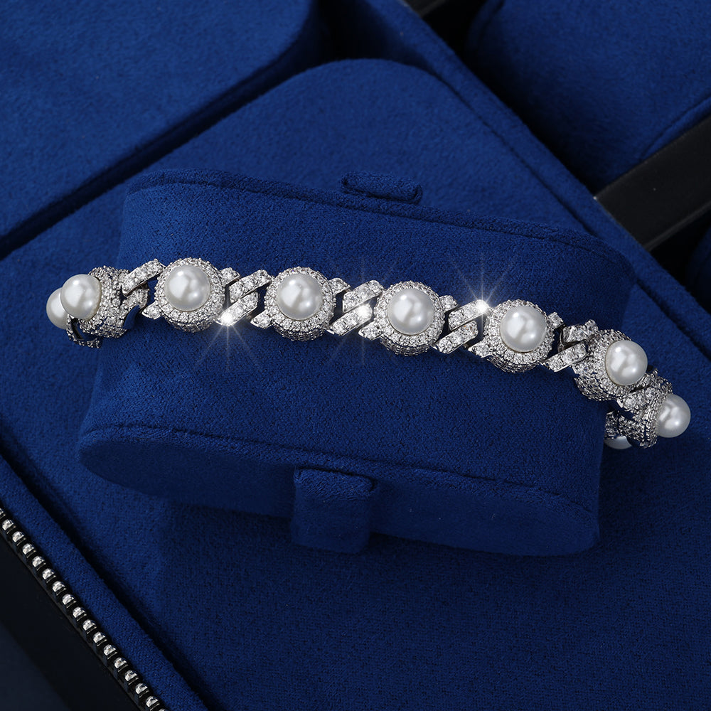 Brazalete cubano link whitegold plated con perlas naturales incrustadas 2025