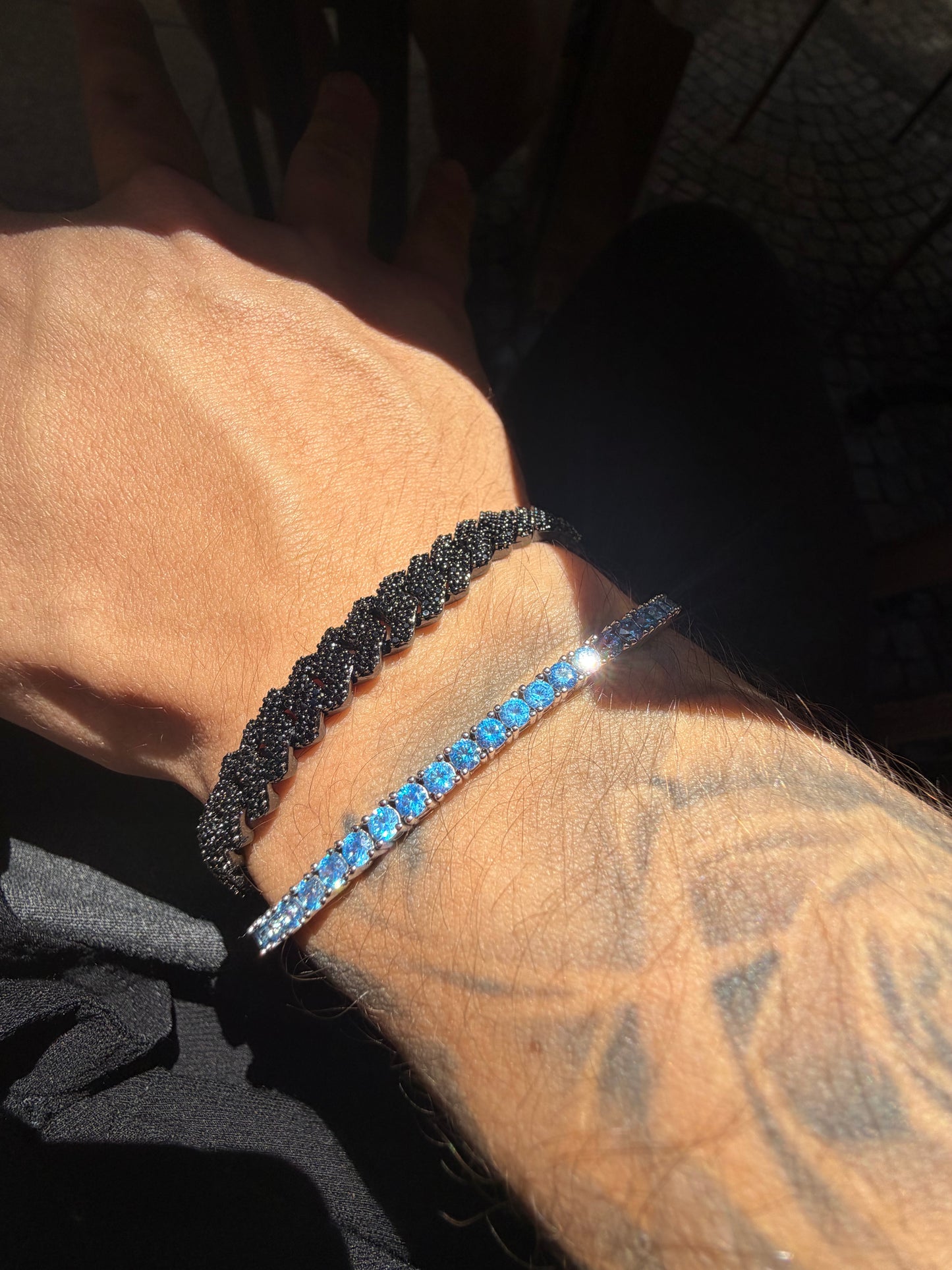 Combo dúo brazalete tennis Blue  5 mm y cuban prong 8 mm (copia)