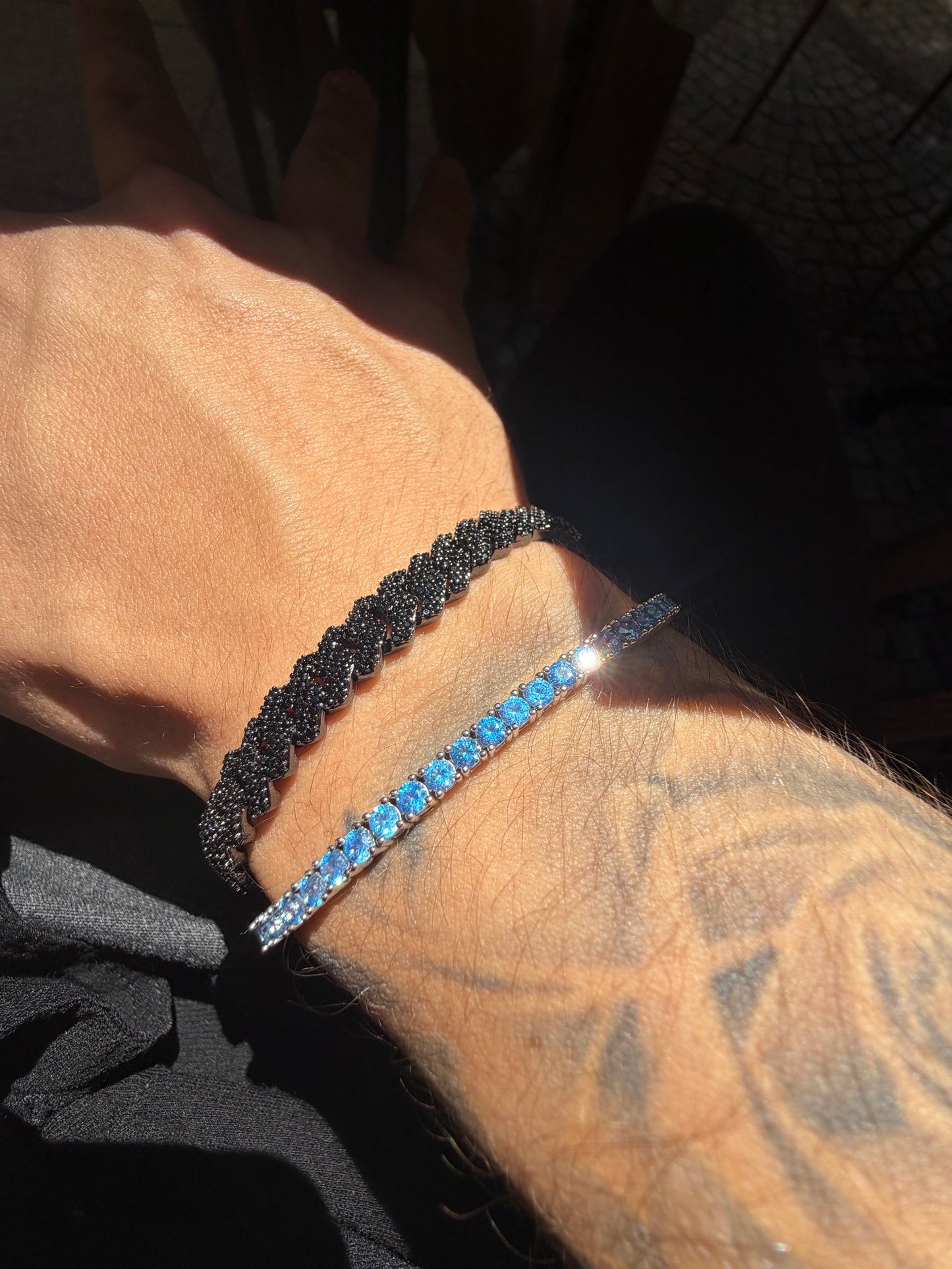 Combo dúo brazalete tennis Blue  5 mm y cuban prong 8 mm (copia)