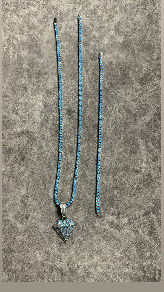 Conjunto tennis Blue 3 mm con dije de diamante tennis  laminado en oro blanco 18 k (22 micras) broche de caja.