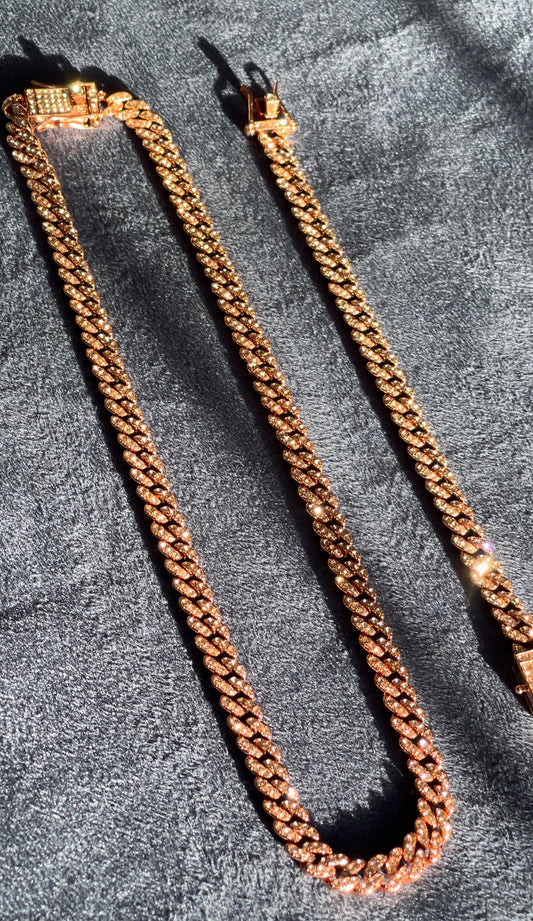 Conjunto cadena y brazalete 8 mm, rose gold, laminado 4 micras de 18 quilates