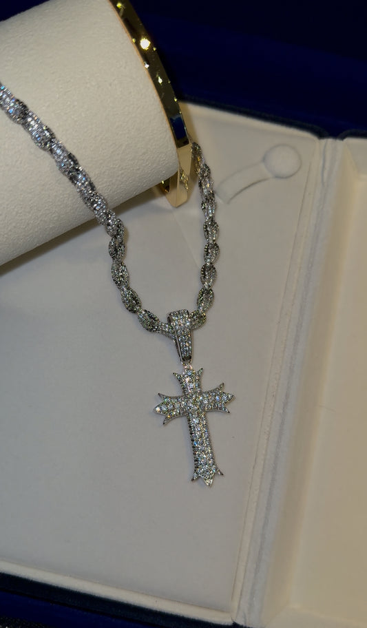 Dije de cruz peak full iced con cadena rope torzal 6mm whitegold 18k 22 micras