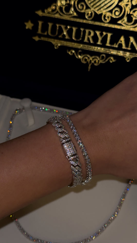 COMBO brazalete tennis 3mm + brazalete cuban link 8mm white gold