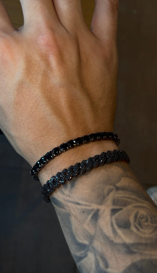 Combo dúo brazalete tennis black 5 mm y cuban prong 8 mm