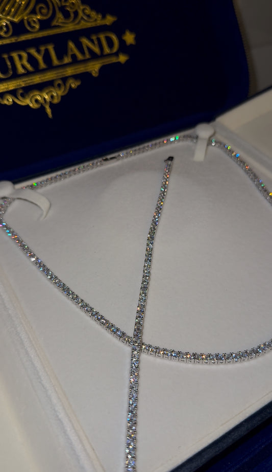 Conjunto tennis 3mm cadena y brazalete, cristales circonita cubica (CZ),  laminado en oro blanco 18k
