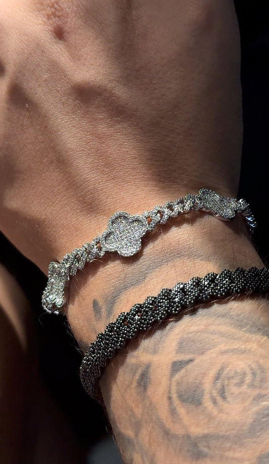 Combo brazalete VC. CUBAN LINK WHITEGOLD y brazalete black prong link 8 mm
