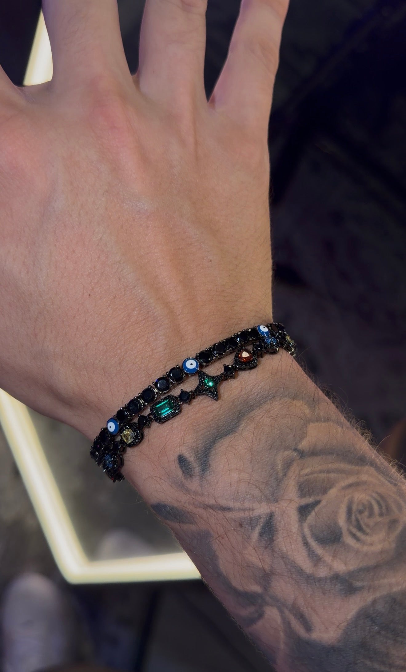 Combo black gemstone & brazalete tennis ojo turco 4 mm full black.